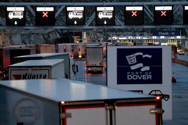 Lorries arrive to board ferries on the morning after Brexit took place at the Port of Dover in Dover, England, Saturday, Feb. 1, 2020. AP