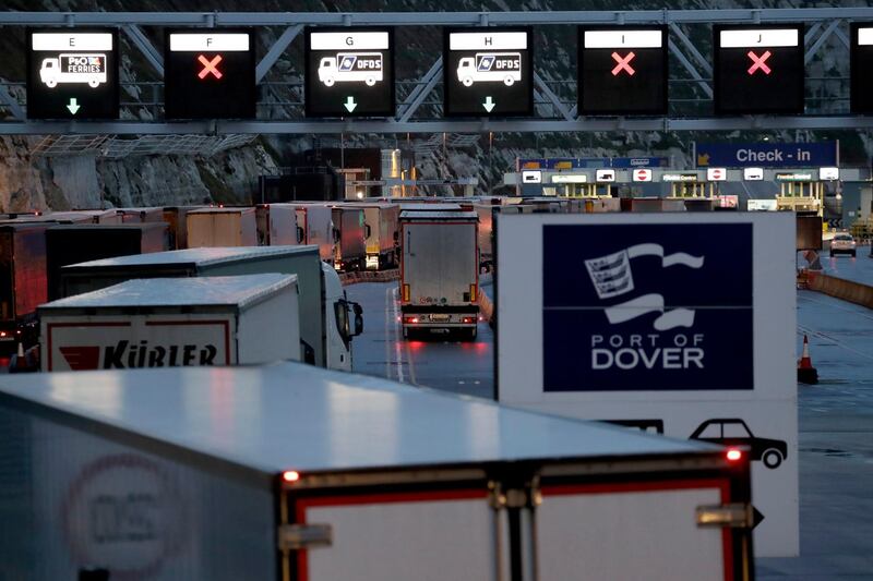 Lorries arrive to board ferries on the morning after Brexit took place at the Port of Dover in Dover, England, Saturday, Feb. 1, 2020. If you thought the drawn-out battle over the U.K.'s departure from the European Union was painful, wait until you see what comes next. While Britain formally left the EU at 11 p.m. local time Friday, the hard work of building a new economic relationship between the bloc and its ex-member has just begun. (AP Photo/Matt Dunham)