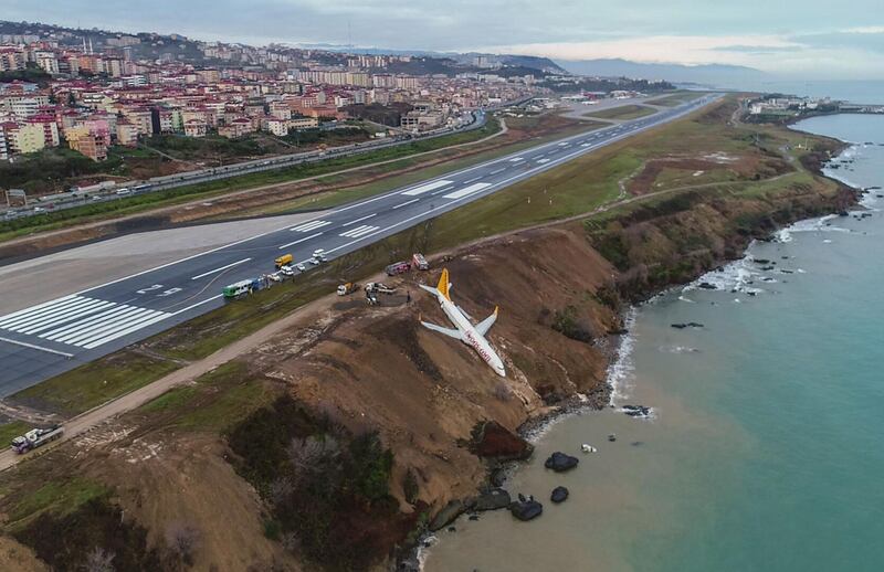 A Pegasus Airlines Boing 737 passenger plane is seen struck in mud on an embankment, a day after skidding off the airstrip, after landing at Trabzon's airport on the Black Sea coast on January 14, 2018. 
A passenger plane late on January skidded off the runway just metres away from the sea as it landed at Trabzon's airport in northern Turkey. The Pegasus Airlines flight, with 168 people on board, had taken off from Ankara on its way to the northern province of Trabzon. No casualties were reported.  / AFP PHOTO / IHLAS NEWS AGENCY / STRINGER / Turkey OUT