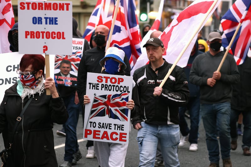 A rally against the Northern Ireland protocol in the Newtownards Road in east Belfast. Photo: PA