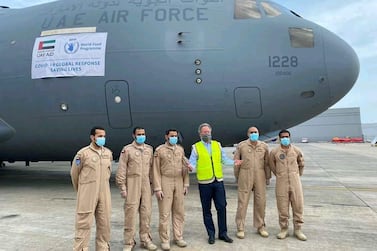 WFP chief David Beasley photographed with the C-17 shortly after it arrived in Accra, Ghana. Courtesy WFP