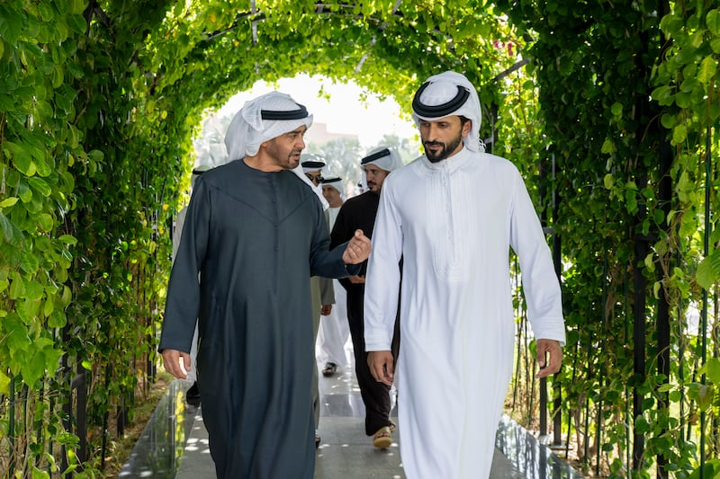 Sheikh Mohamed speaks to Sheikh Nasser bin Hamad Al Khalifa, the King's Representative for Humanitarian Work and Youth Affairs, and National Security Adviser

