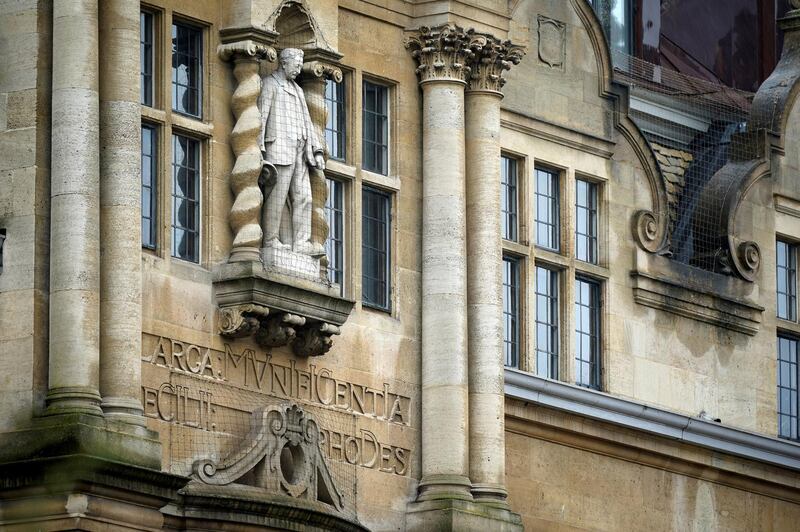 OXFORD, ENGLAND - JUNE 18: The Rhodes statue on the facade of Oxford University's Oriel College looks out over the High Street and the college's front door on June 18, 2020 in Oxford, England. After years of action and protests by the The Rhodes Must Fall Campaign, governors of the college have voted to remove it.   (Photo by Christopher Furlong/Getty Images)