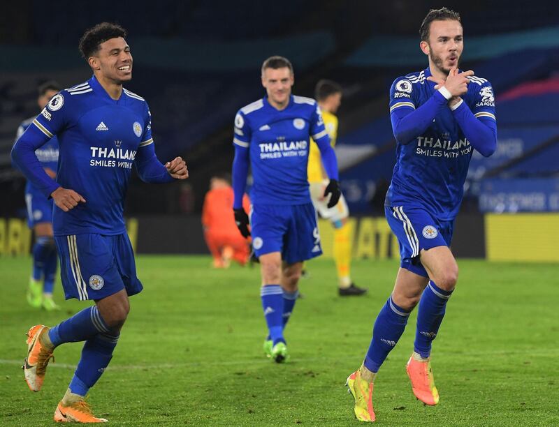 Leicester City's English midfielder James Maddison (R) celebrates scoring the third goal during the English Premier League football match between Leicester City and Brighton and Hove Albion at King Power Stadium in Leicester, central England on December 13, 2020. RESTRICTED TO EDITORIAL USE. No use with unauthorized audio, video, data, fixture lists, club/league logos or 'live' services. Online in-match use limited to 120 images. An additional 40 images may be used in extra time. No video emulation. Social media in-match use limited to 120 images. An additional 40 images may be used in extra time. No use in betting publications, games or single club/league/player publications.
 / AFP / POOL / Michael Regan / RESTRICTED TO EDITORIAL USE. No use with unauthorized audio, video, data, fixture lists, club/league logos or 'live' services. Online in-match use limited to 120 images. An additional 40 images may be used in extra time. No video emulation. Social media in-match use limited to 120 images. An additional 40 images may be used in extra time. No use in betting publications, games or single club/league/player publications.
