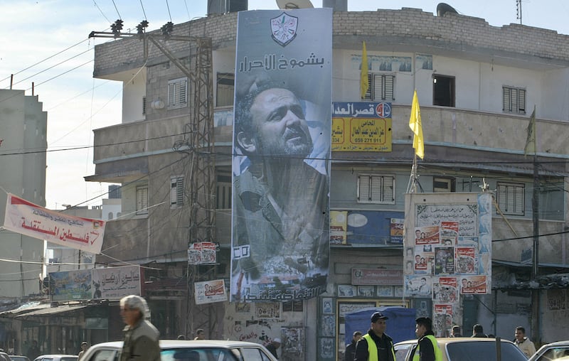 An electoral poster of Barghouti, who was in jail at the time, in the West Bank city of Rafah before the Palestinian parliamentary election in 2006. AFP