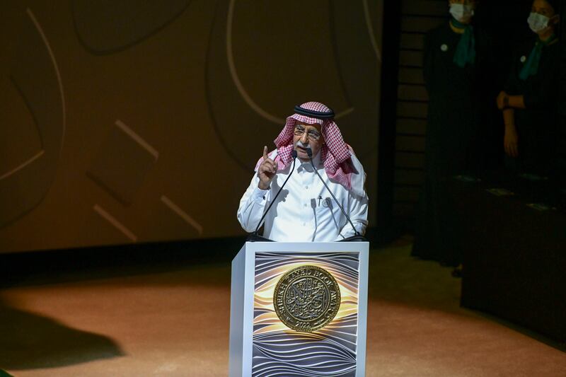 Abdullah Al Ghathami, Cultural Personality of the Year, addresses the Sheikh Zayed Book Award ceremony at Louvre Abu Dhabi. Khushnum Bhandari / The National