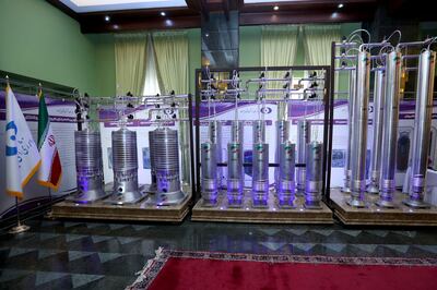 Several Iranian centrifuges are seen on display during Iran's National Nuclear Energy Day in Tehran in 2021.  Reuters
