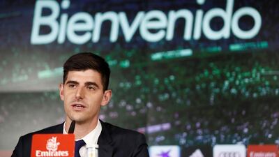 Thibaut Courtois at his Real Madrid news conference. EPA