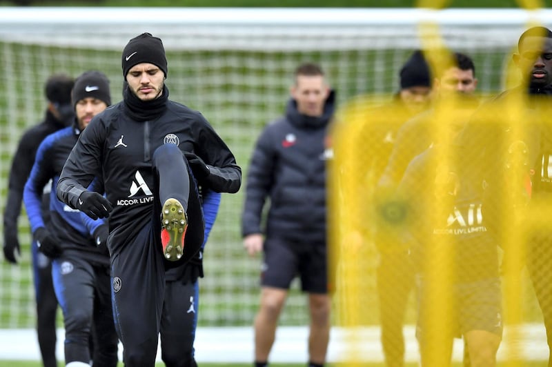 PARIS, FRANCE - MARCH 10: Mauro Icardi warms up during a training session at Ooredoo Center on March 10, 2020 in Paris, France. Paris Saint-Germain will face Borussia Dortmund in their UEFA Champions League round of 16 second leg match on March 11, 2020. (Photo by Aurelien Meunier - PSG/PSG via Getty Images)