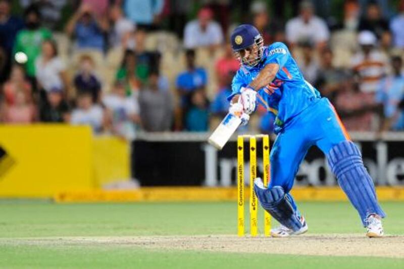 India's M.S. Dhoni bats against Sri Lanka during their One Day International series cricket match in Adelaide, Australia, Tuesday, Feb. 14, 2012. (AP Photo/David Mariuz) *** Local Caption ***  Australia Sri Lanka India Cricket.JPEG-01a4e.jpg