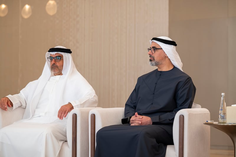 Sheikh Khaled bin Mohamed, Crown Prince of Abu Dhabi, with Sheikh Hamed bin Zayed, managing director of the Abu Dhabi Investment Authority, at the Presidential Airport. Photo: Ryan Carter / UAE Presidential Court
