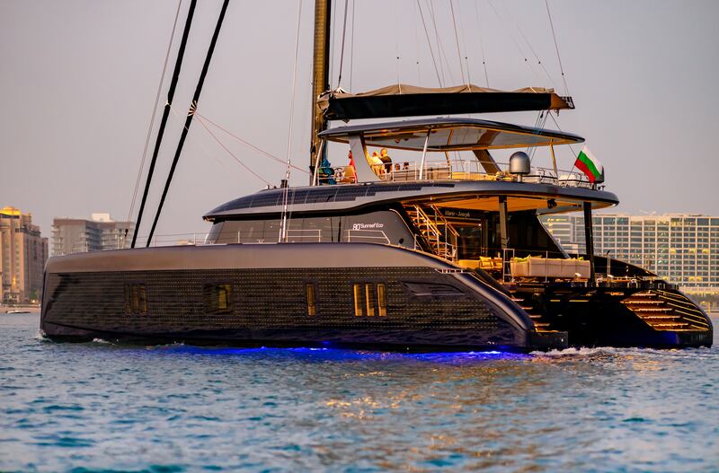 The newest solar-powered catamaran launched by Polish company Sunreef Yachts enters Dubai. Photo: Sunreef