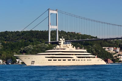 The 'Dilbar', a luxury yacht owned by Russian billionaire Alisher Usmanov, sails in the Bosphorus in Istanbul, Turkey. Reuters