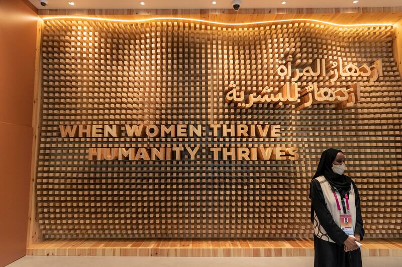 The pavilion theme, 'When women thrive, humanity thrives'.