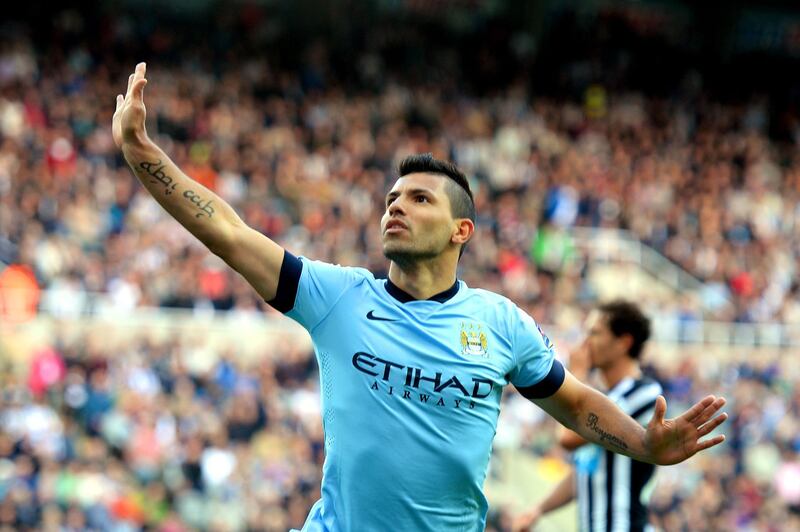 NEWCASTLE UPON TYNE, ENGLAND - AUGUST 17:  Sergio Aguero of Manchester City celebrates after scoring his team's second goal during the Barclays Premier League match between Newcastle United and Manchester City at St James' Park on August 17, 2014 in Newcastle upon Tyne, England.  (Photo by Jamie McDonald/Getty Images)