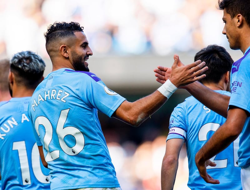 Manchester City's Riyad Mahrez celebrates his team's 5-0 lead. EPA