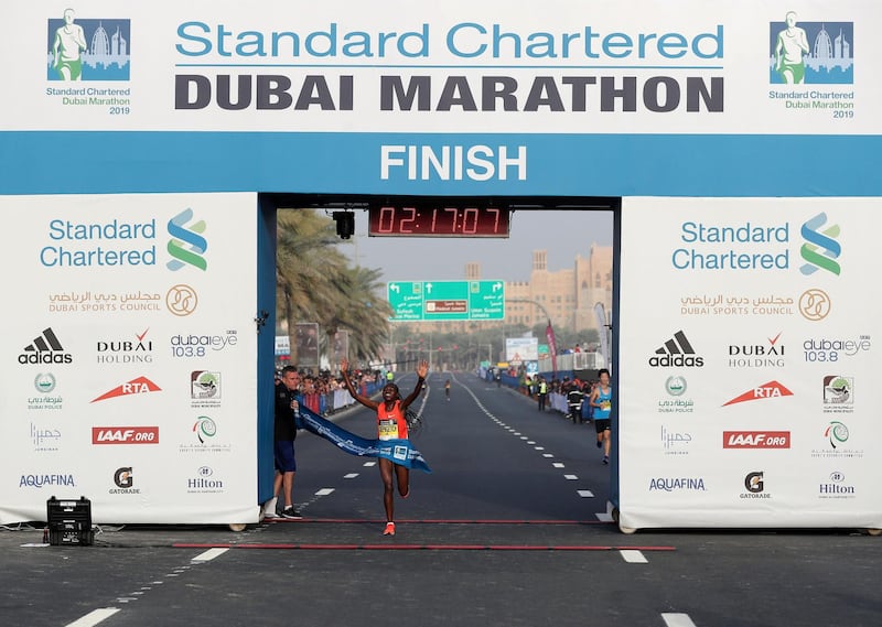 Dubai, United Arab Emirates - January 25, 2019: Ruth Chepngetich wins the womens Standard Chartered Dubai Marathon 2019. Friday, January 25th, 2019 at Jumeirah, Dubai. Chris Whiteoak/The National