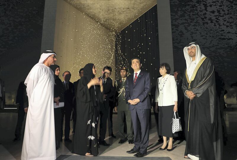 ABU DHABI , UNITED ARAB EMIRATES , APRIL 29  – 2018 :- Shinzo Abe , Japanese Prime Minister with other dignitaries during his visit to the Founder’s Memorial which commemorates the late Sheikh Zayed bin Sultan Al Nahyan the founding father of the United Arab Emirates near the Emirates Palace in Abu Dhabi. ( Pawan Singh / The National ) For News