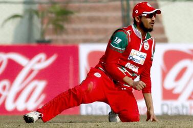 Aqib Ilyas of Oman during the ICC Cricket World Cup League Two match between USA and Oman. Subas Humagain for The National