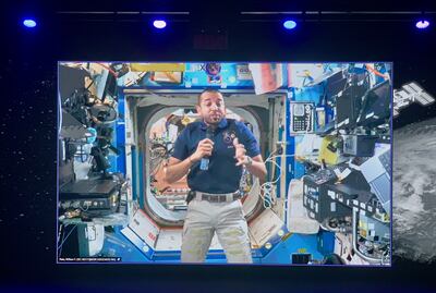 Sultan Al Neyadi, UAE Astronaut talking with UAE media from International Space Station during the conference call held at Museum of the Future in Dubai. Pawan Singh / The National