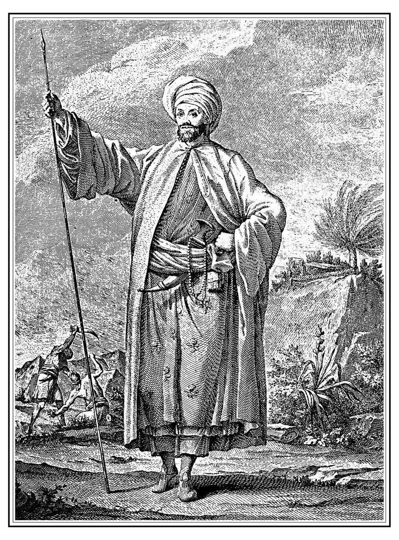 An engraving of Danish traveller Carsten Niebuhr in Arab dress, during his journey in Yemen.