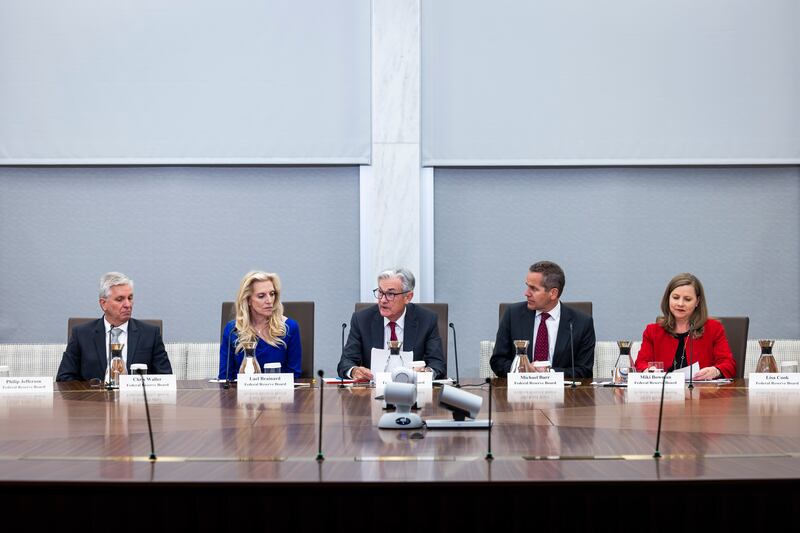 US Federal Reserve chairman Jerome Powell, centre, speaks during a Fed Listens meeting with leaders from various sectors, in Washington. EPA