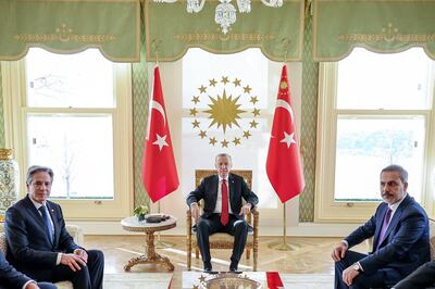 Turkish President Recep Tayyip Erdogan meets US Secretary of State Antony Blinken in the presence of Turkish Foreign Minister Hakan Fidan in Istanbul on Saturday. AFP