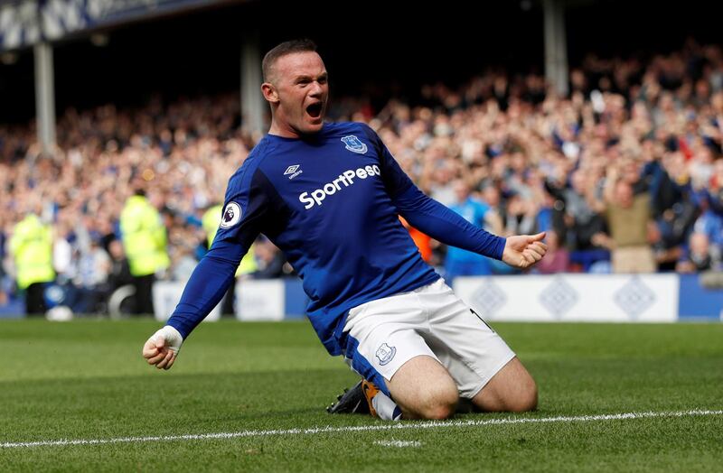 Football Soccer - Premier League - Everton vs Stoke City - Liverpool, Britain - August 12, 2017   Everton's Wayne Rooney celebrates scoring their first goal   Action Images via Reuters/Lee Smith  EDITORIAL USE ONLY. No use with unauthorized audio, video, data, fixture lists, club/league logos or "live" services. Online in-match use limited to 45 images, no video emulation. No use in betting, games or single club/league/player publications. Please contact your account representative for further details. - RTS1BHVR