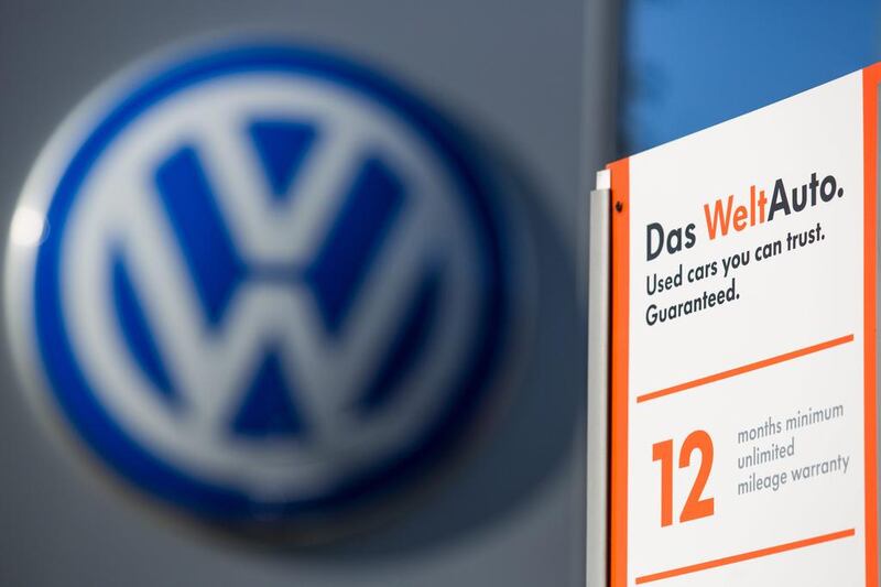 The logo of German manufacturer Volkswagen outside a dealership in England.  (Rob Stothard / Getty Images)