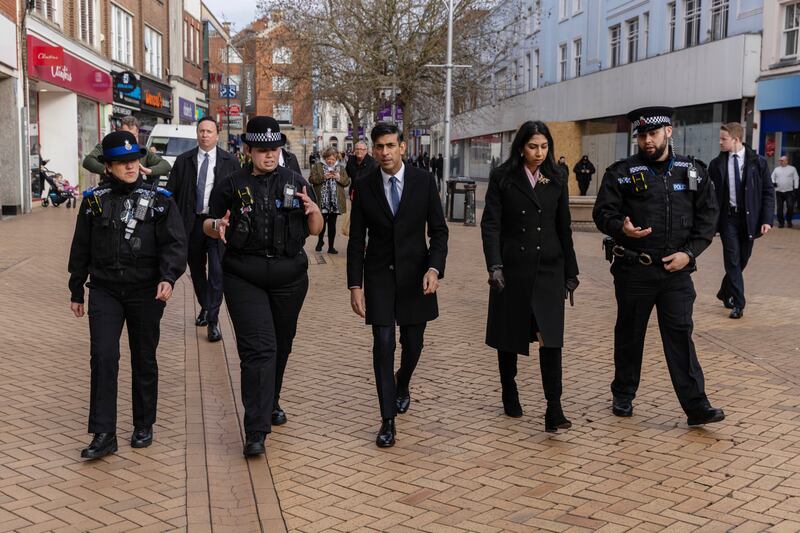 UK Prime Minister Rishi Sunak and Home Secretary Suella Braverman on a visit to Chelmsford, in Essex, south-east England. Getty