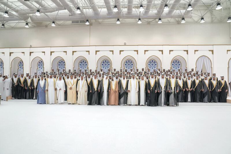 ADHAN, RAS AL KHAIMAH, UNITED ARAB EMIRATES - March 13, 2018: HH Sheikh Mohamed bin Zayed Al Nahyan, Crown Prince of Abu Dhabi and Deputy Supreme Commander of the UAE Armed Forces (front row 5th R), attends a mass wedding reception for HH Sheikh Mohamed bin Saud bin Saqr Al Qasimi, Crown Prince and Deputy Ruler of Ras Al Khaimah (front row 6th R), at Mohamed bin Zayed, Al Bayt Mitwahid wedding hall. Seen with HH Sheikh Tahnoon bin Mohamed Al Nahyan, Ruler's Representative in Al Ain Region (front row 7th R), HH Sheikh Saud bin Saqr Al Qasimi, UAE Supreme Council Member and Ruler of Ras Al Khaimah (front row 8th R), HH Sheikh Saud bin Rashid Al Mu'alla, UAE Supreme Council Member and Ruler of Umm Al Quwain (front row 9th R), HH Sheikh Hazza bin Zayed Al Nahyan, Vice Chairman of the Abu Dhabi Executive Council (front row 10th R) and HH Sheikh Mansour bin Zayed Al Nahyan, UAE Deputy Prime Minister and Minister of Presidential Affairs (front row 11th R).

( Mohamed Al Hammadi / Crown Prince Court - Abu Dhabi )
---