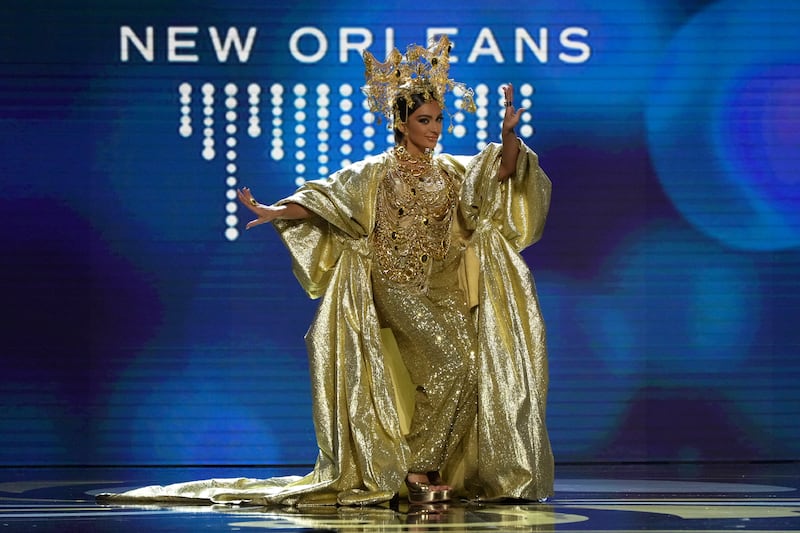 The dress worn by Miss Bahrain, Evlin Khalifa, was designed by Furne One, whose Amato label is based in Dubai