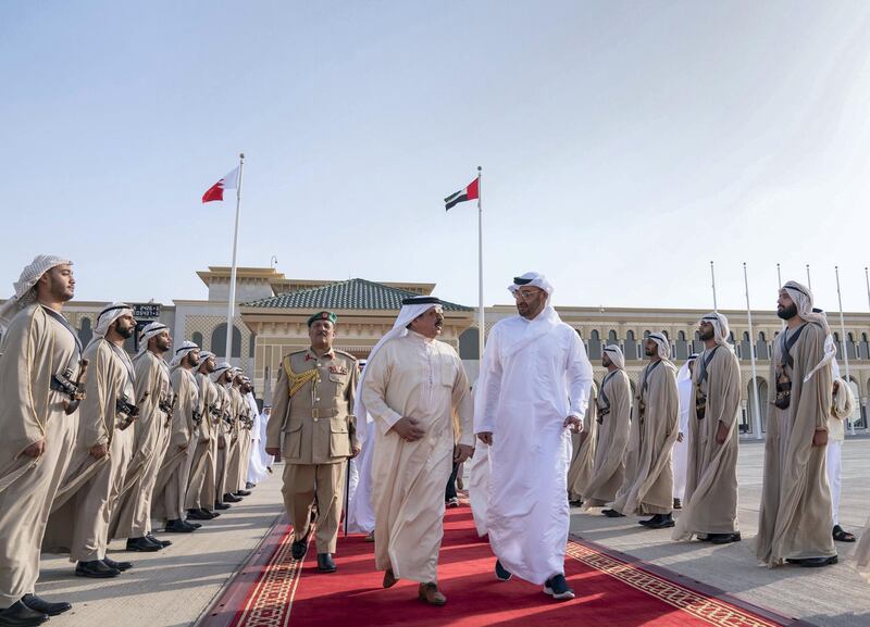 ABU DHABI, UNITED ARAB EMIRATES - May 24, 2019: HH Sheikh Mohamed bin Zayed Al Nahyan, Crown Prince of Abu Dhabi and Deputy Supreme Commander of the UAE Armed Forces (center R), bids farewell to HM King Hamad bin Isa Al Khalifa, King of Bahrain (center L), at Presidential  Airport. 

( Mohamed Al Hammadi / Ministry of Presidential Affairs )
---