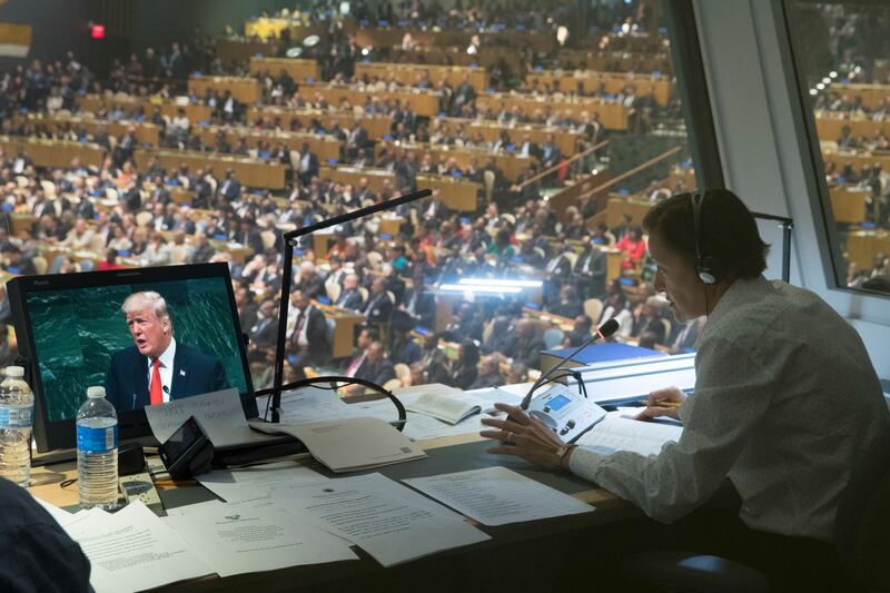 President Donald Trump is seen on a translators video screen as he addresses the 73rd session of the United Nations General Assembly, Tuesday, Sept. 25, 2018 at U.N. headquarters. (AP Photo/Mary Altaffer)