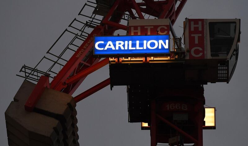 epa06441131 A Carillion logo on a crane at a construction site in London, Britain, 15 January 2018. Thousands of jobs in Britain and abroad maybe lost following the news that Construction company Carillion has gone into liquidation after the Official Receiver has been appointed Liquidator of Carillion Plc. Talks between lenders and the British government has failed to reach a deal leading to the British government providing funding to maintain the public services run by the company.  EPA/ANDY RAIN