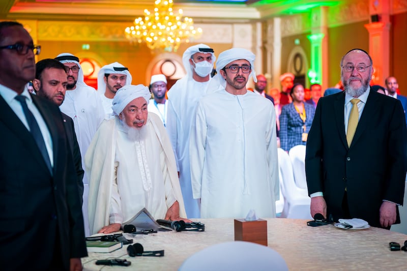 Sheikh Abdullah bin Zayed, Minister of Foreign Affairs and International Co-operation, with Sheikh Abdullah bin Bayyah, chairman of the UAE Fatwa Council, at the Abu Dhabi Forum for Peace on Wednesday. Wam