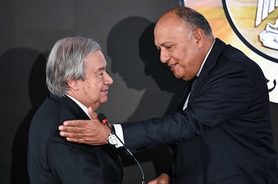 UN Secretary-General Antonio Guterres (L) and Egypt's Foreign Minister Sameh Shoukry after addressing a news onference at the New Administrative Capital east of Cairo on March 24, 2024. AFP
