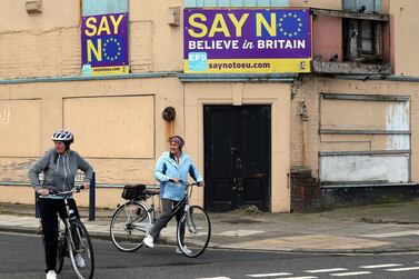 "Believe in Britain" boards on display in the north-eastern English town in Redcar. AFP
