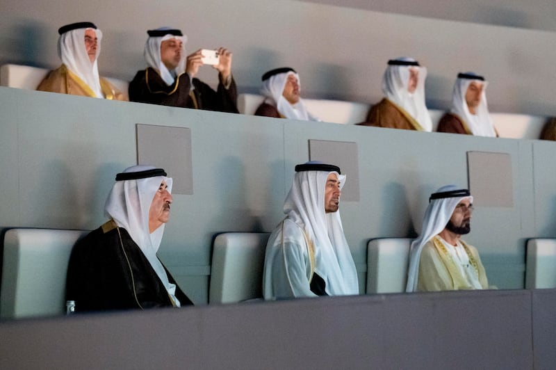 Pictured bottom, left to right, Sheikh Saud bin Rashid Al Mualla, Ruler of Umm Al Quwain, Sheikh Mohamed bin Zayed, who was serving as Crown Prince of Abu Dhabi and Deputy Supreme Commander of the UAE Armed Forces at the time, and Sheikh Mohammed bin Rashid, Vice President and Ruler of Dubai, attend the official 50th UAE National Day celebrations, at Hatta Dam.
All photos: Hamad Al Kaabi / Ministry of Presidential Affairs