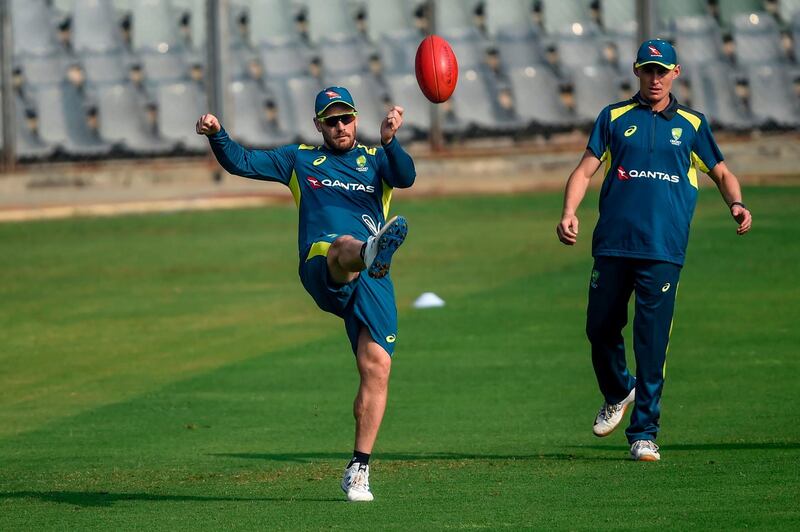 Australia captain Aaron Finch during a training session at the Wankhede Stadium in Mumbai on Sunday. AFP