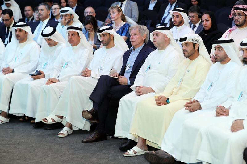 Dubai, United Arab Emirates - February 11, 2019: Harrison Ford listens to a climate change forum during day 2 at the World Government Summit. Monday the 11th of February 2019 at Madinat, Dubai. Chris Whiteoak / The National