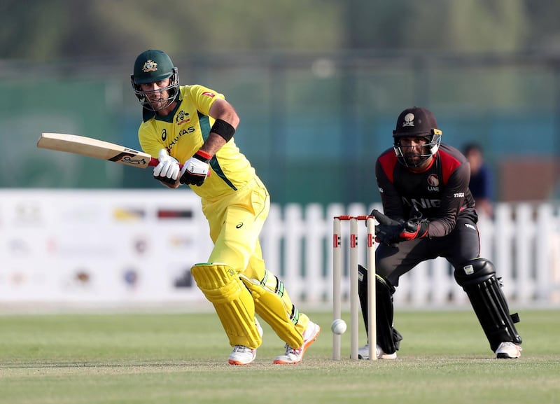 Abu Dhabi, United Arab Emirates - October 22, 2018: Glenn Maxwell of Australia bats in the match between the UAE and Australia in a T20 international. Monday, October 22nd, 2018 at Zayed cricket stadium oval, Abu Dhabi. Chris Whiteoak / The National