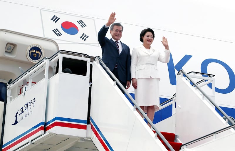 South Korean president Moon Jae-in and his wife Kim Jung-sook arrive at the Sunan International Airport in Pyongyang, North Korea. EPA