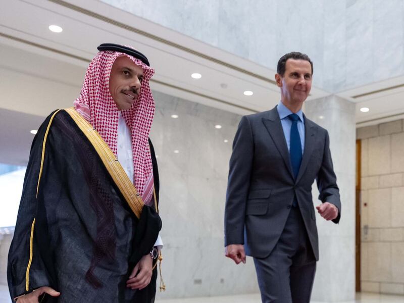 President of the Syrian Arab Republic, Bashar Al-Assad receiving the Foreign Minister Prince 
Faisal bin Farhan  as part of his official visit to the Syrian capital, Damascus. Photo: Ministry of Foreign Affairs of the Kingdom of Saudi Arabia
