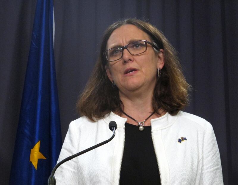 European Trade Commissioner Cecilia Malmstrom speaks during a joint press conference with Australian Prime Minister Malcolm Turnbull at Parliament House in Canberra, Australia, Monday, June 18, 2018. Trade liberalization continues to have global momentum despite recent U.S. tariffs on steel and aluminum imports, Malmstrom said as she launched free trade negotiations between the European Union and Australia. (AP Photo/Rod McGuirk)