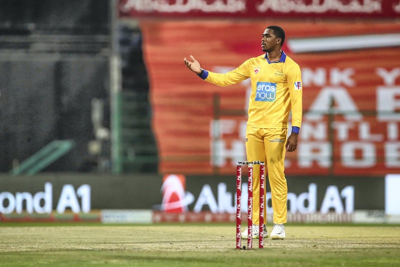 Obed McCoy. Qalandars v Team Abu Dhabi. Abu Dhabi T10 Season 4. Eliminator. Zayed Cricket Stadium, Abu Dhabi. 5th February 2021. Courtesy Abu Dhabi Cricket 