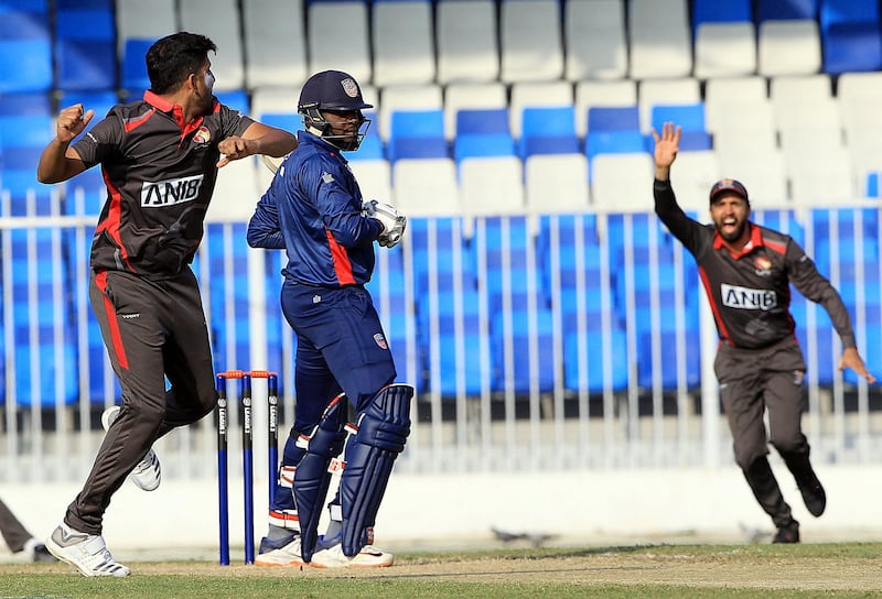 Sharjah, December, 08 2019: (L) Junaid Siddique of UAE celebrates after dismissing Steven Taylor of USA during the ICC Men's Cricket World Cup League 2 match at the Sharjah Cricket Stadium in Sharjah . Satish Kumar/ For the National / Story by Paul Radley