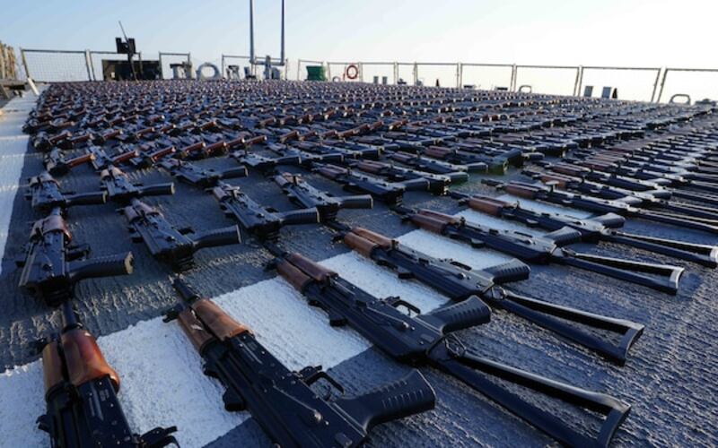 Assault rifles seized by the US Navy in the Sea of Oman laid out on the deck of navy destroyer USS The Sullivans. All photos: US Naval Forces Central Command / US 5th Fleet