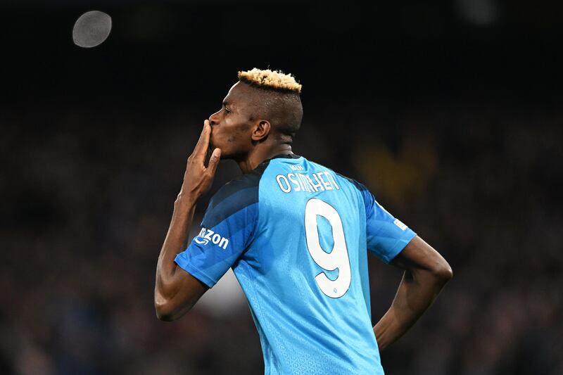 Napoli's Victor Osimhen celebrates after scoring the first goal in the Champions League round of 16 win against Eintracht Frankfurt at Stadio Diego Armando Maradona on March 15, 2023. Getty