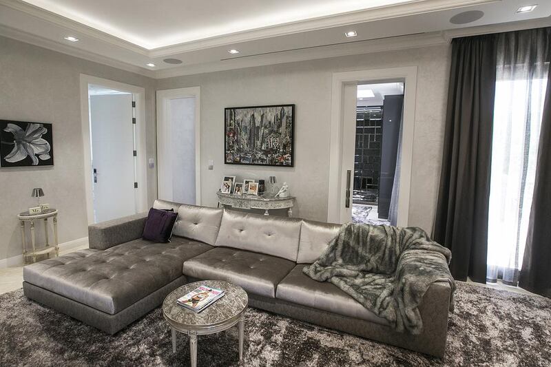 The master bedroom living area. The master bedroom has its own 200-inch projector screen with surround sound. Mona Al Marzooqi / The National